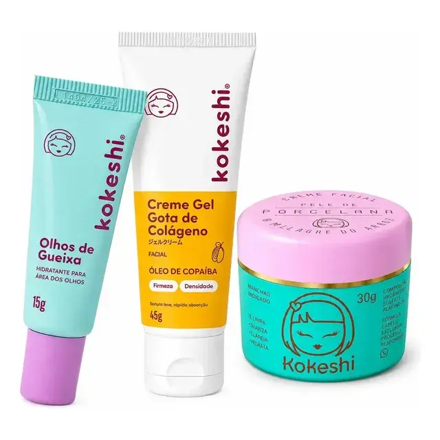 Kit Facial Kokeshi 3 Passos (Olhos de Gueixa, Pele de Porcelana e Gota de Colágeno) por R$ 64,51 no Pix