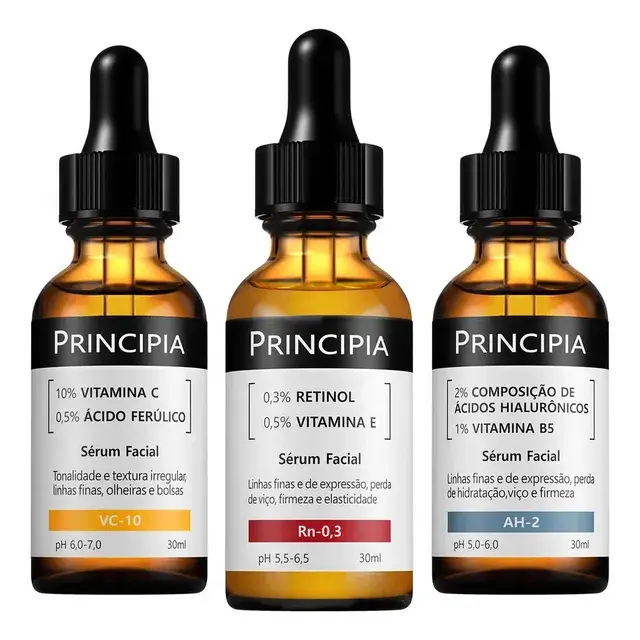 Kit Principia 3 séruns Vitamina C, Retinol e Hialurônicos por R$ 77,76 no Pix com cupom