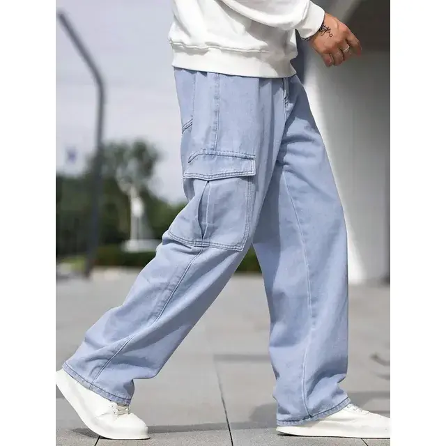 Calça Cargo Jeans Larga Streetwear com bolsos laterais, 5 cores, por R$ 57,85