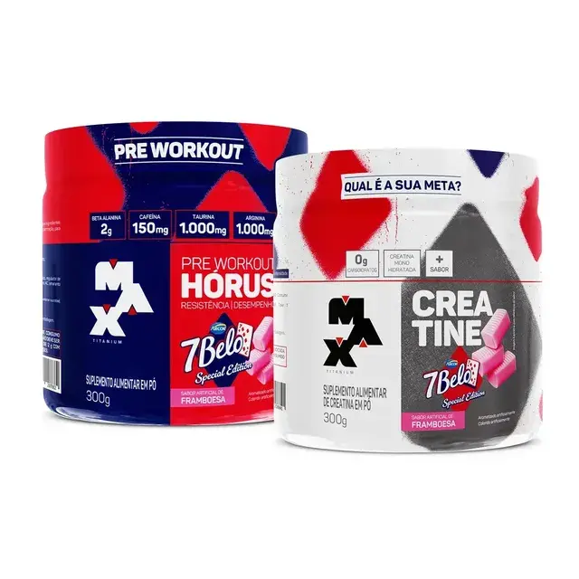 Kit pré-treino Hórus + creatina Max Titanium 300 g sabor 7 Belo por R$ 116,40